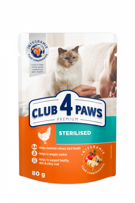 CLUB4PAWS Plic hrana umeda pisici adulte sterilizate, Pui in jeleu, Set 24x80g [1]