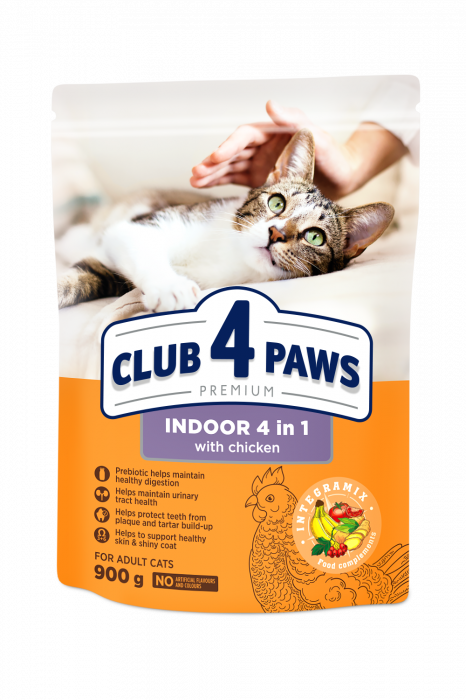 CLUB 4 PAWS Premium Indoor 4 in 1 Hrana uscata pisici, Pui, 900g [1]