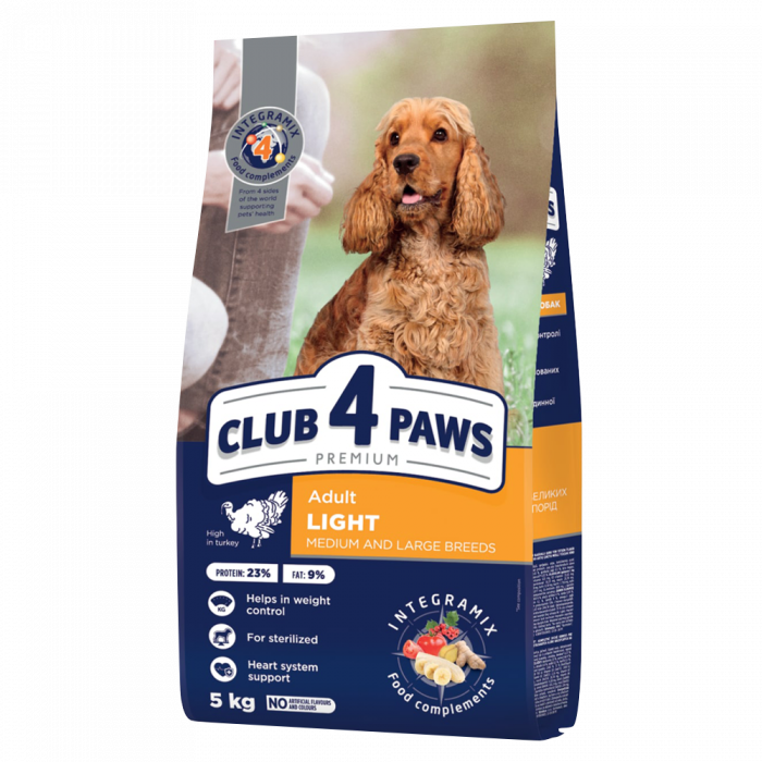 CLUB 4 PAWS Light, Hrana uscata caini adulti, Controlul greutatii, Talie medie si mare, Curcan, 5kg [1]