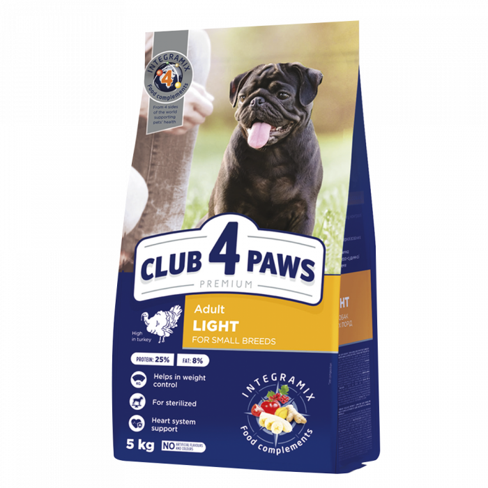 CLUB 4 PAWS Light, Hrana uscata caini adulti, Controlul greutatii, Talie mica, Curcan, 5kg [1]