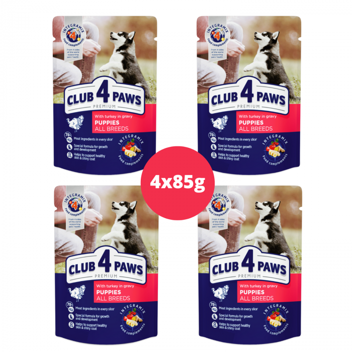 CLUB 4 PAWS Puppies, Set plicuri hrana umeda pentru catei juniori, Curcan in sos, 4x85g [1]