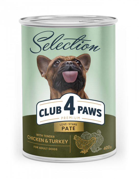 CLUB 4 PAWS Selection, Pate hrana umeda caini adulti, Pui si curcan, 400g [1]