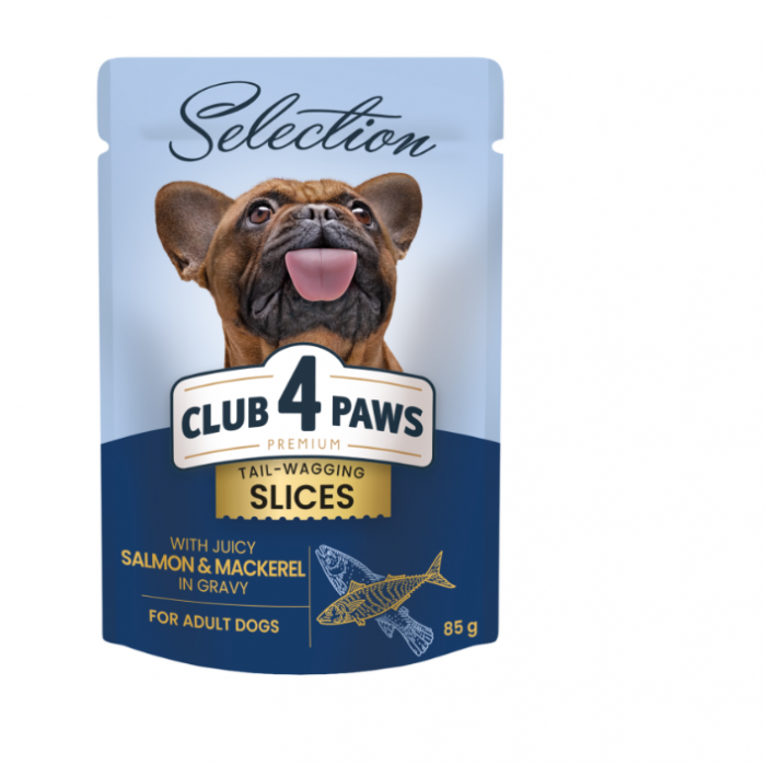CLUB 4 PAWS Selection, Plic hrana umeda caini adulti, Talie mica, Bucati somon si macrou in sos, Set 12x85g [1]