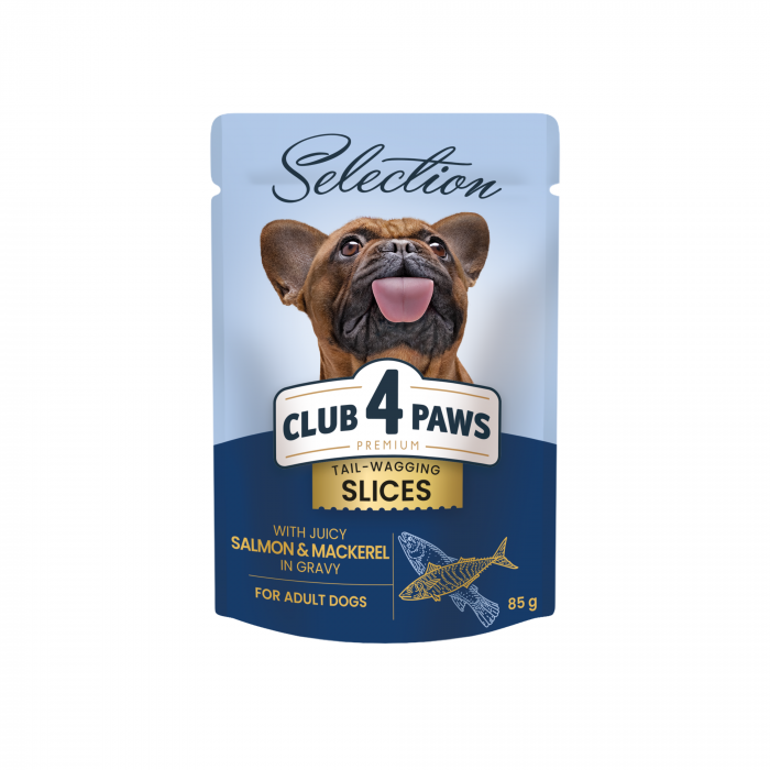 CLUB 4 PAWS Selection, Plic hrana umeda caini adulti, Talie mica, Bucati somon si macrou in sos, Set 12x85g [1]
