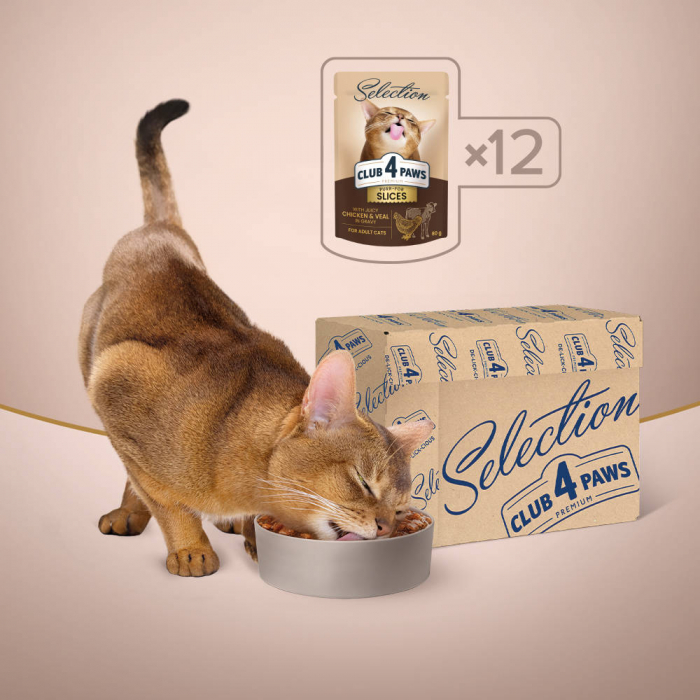 CLUB 4 PAWS Selection, Plic hrana umeda pisici adulte, Bucati de Pui si Vitel in sos, Set 12x80g [2]