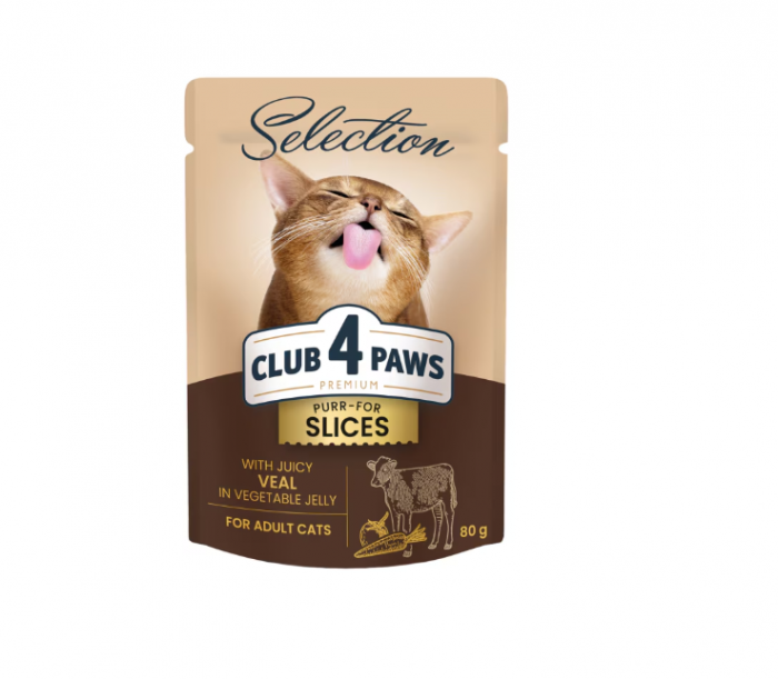 CLUB 4 PAWS Selection, Plic hrana umeda pisici adulte, Bucati de vitel in jeleu de legume, Set 12x80g [1]
