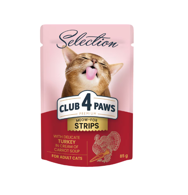 Club 4 Paws Selection, Plic hrana umeda pisici adulte, Stripsuri de curcan in supa crema de morcovi, Set 12x85g [1]
