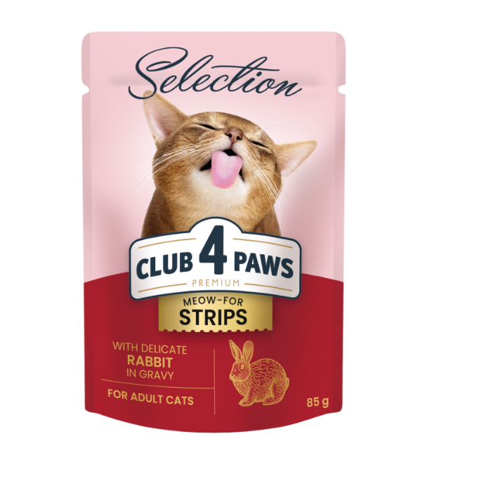 CLUB 4 PAWS Selection, Plic hrana umeda pisici adulte, Stripsuri de iepure in sos, Set 12x85g [1]