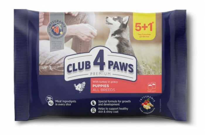 CLUB 4 PAWS Set 5+1 Plicuri hrana umeda catei juniori, Curcan in sos, 6x85g [1]