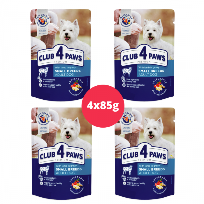 CLUB 4 PAWS Set plicuri hrana umeda pentru caini adulti, Talie mica, Miel in sos, 4x85g [1]
