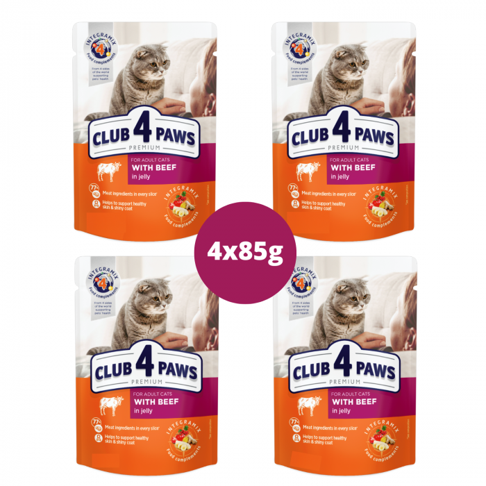 CLUB 4 PAWS Set plicuri hrana umeda pentru pisici adulte, Vita in jeleu, 4x85g [1]