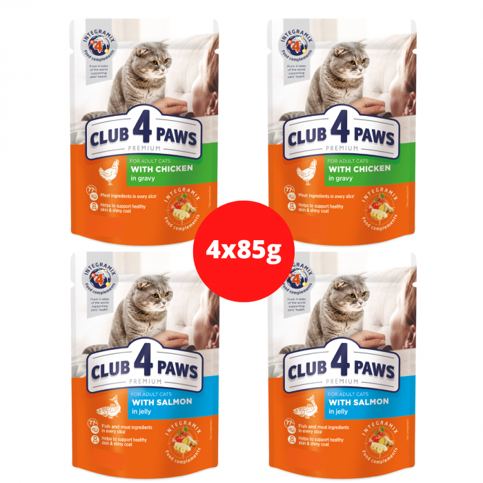 CLUB 4 PAWS Set plicuri hrana umeda pentru pisici adulte, MIX, 4x85g [1]