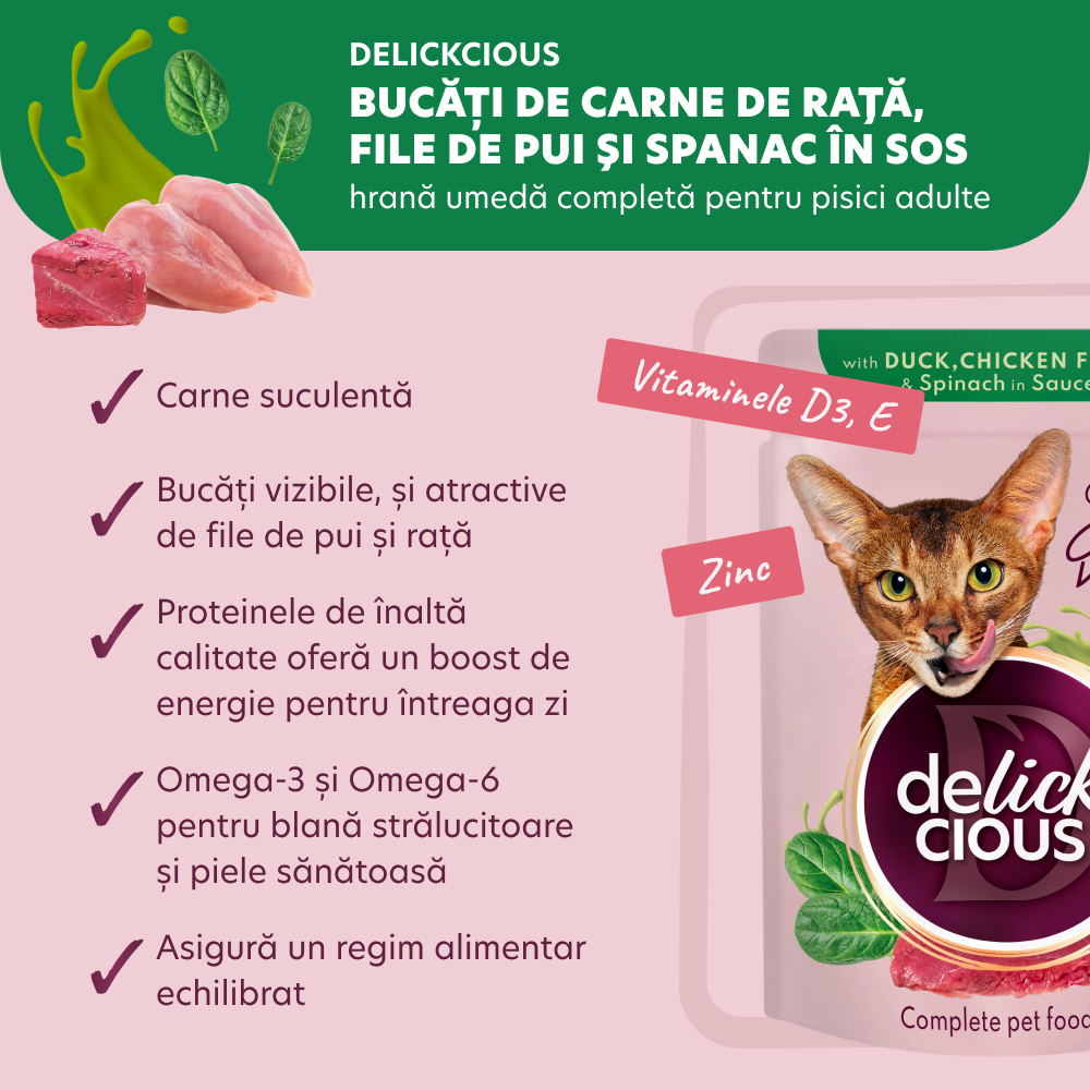 DELICKCIOUS Plic pisici Bucati de Rata, file de Pui si spanac in sos. Set 12x85g [2]