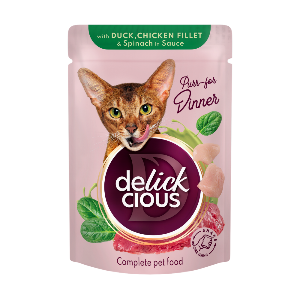 DELICKCIOUS Plic pisici Bucati de Rata, file de Pui si spanac in sos. Set 12x85g [1]