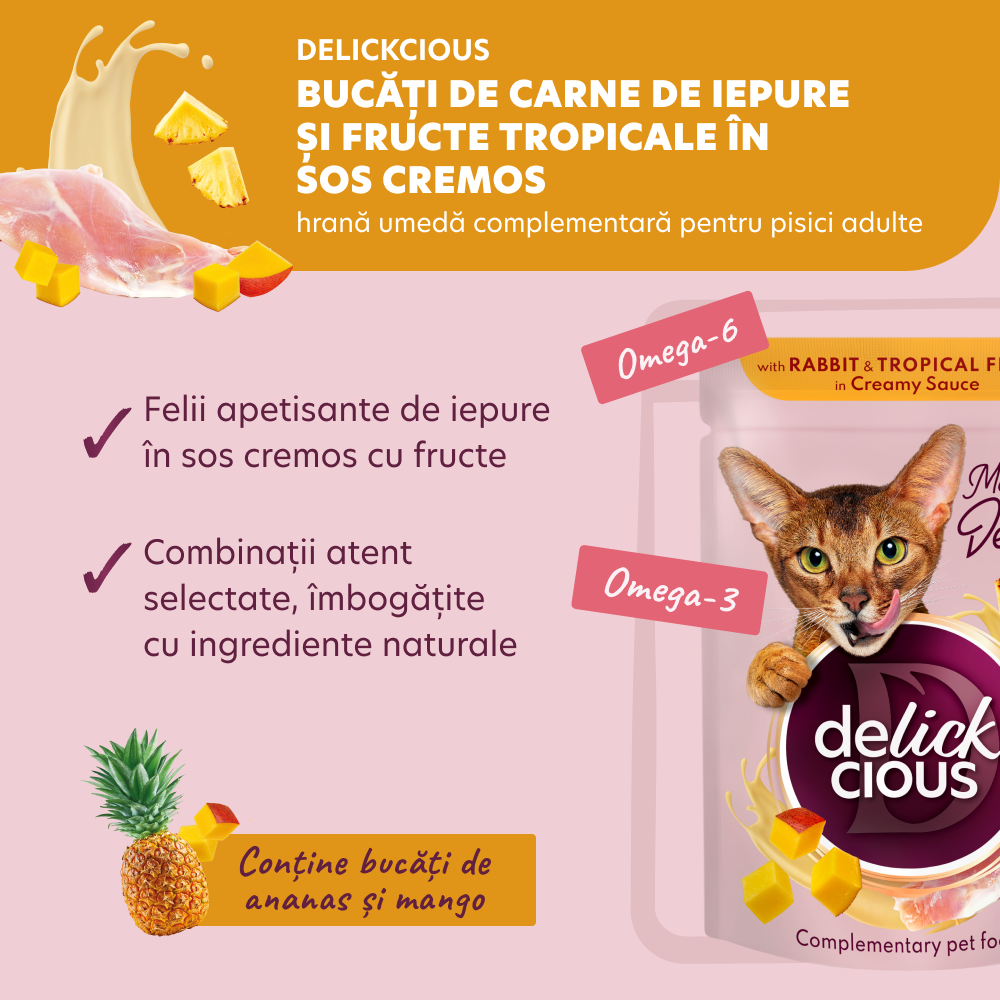 DELICKCIOUS Plic pisici Desert Iepure si fructe tropicale in sos cremos. Set 12x80g [3]