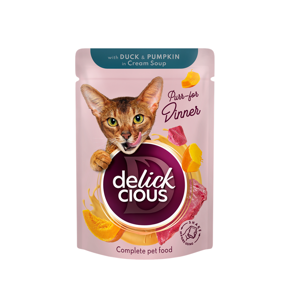 DELICKCIOUS Plic pisici Stripsuri Rata si dovleac in supa crema. Set 12x85g [1]