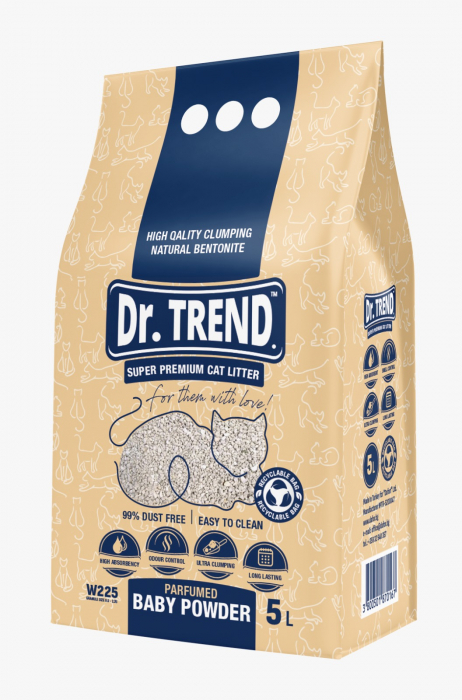 DR.TREND Super Premium Asternut igienic pentru pisici, Baby Powder, Bentonita 5L [1]