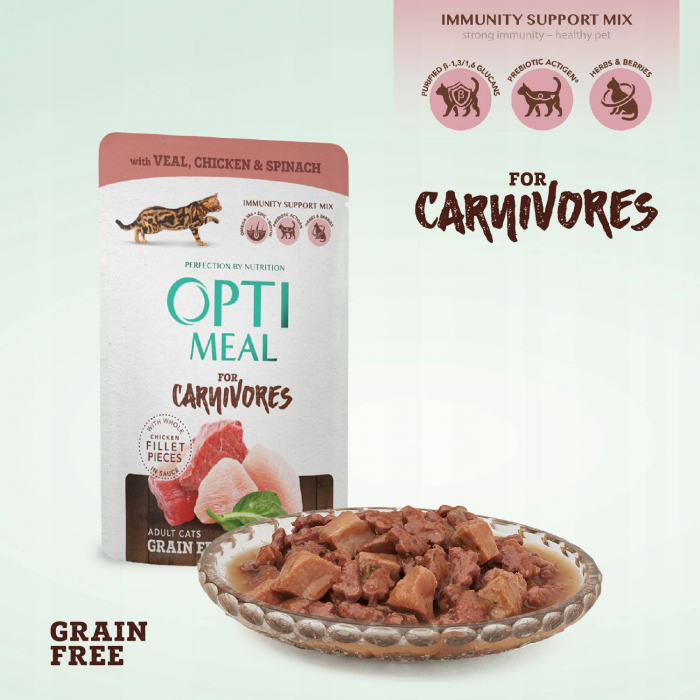 OPTIMEAL Grain free, Plic hrana umeda fara cereale pisici adulte, Vita, pui si spanac in sos, Set 12x85g [3]