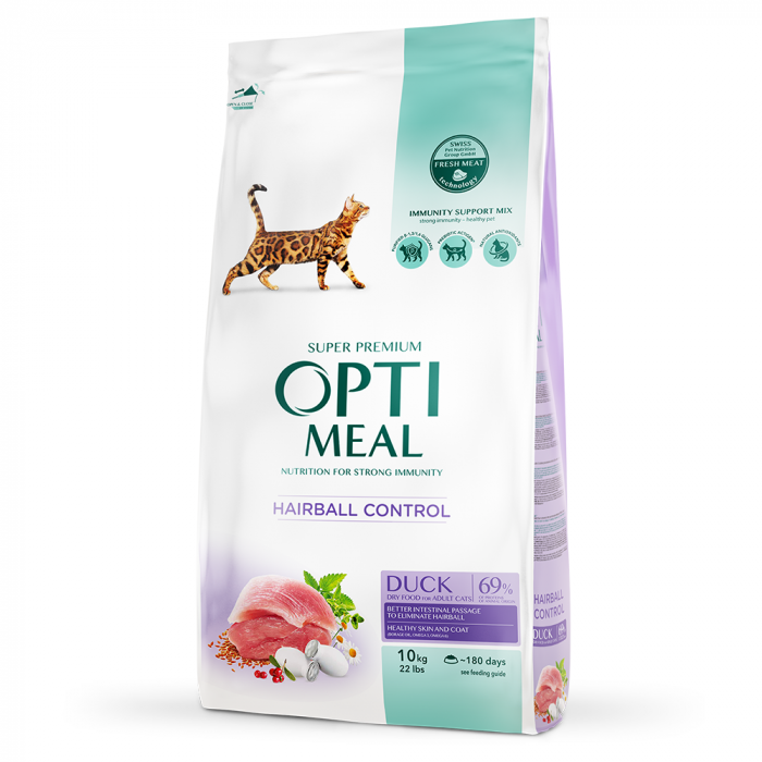 OPTIMEAL Hairball Control, Hrana uscata pisici adulte, Eliminarea ghemotoacelor, Rata, 10kg [1]