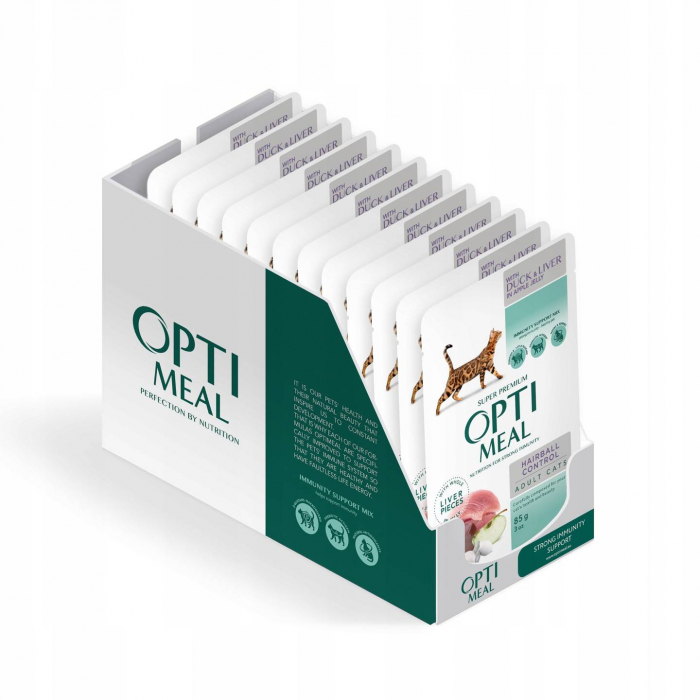 OPTIMEAL Hairball control, Plic hrana umeda pisici adulte, Rata si ficat in jeleu de mere, Set 12x85g [2]