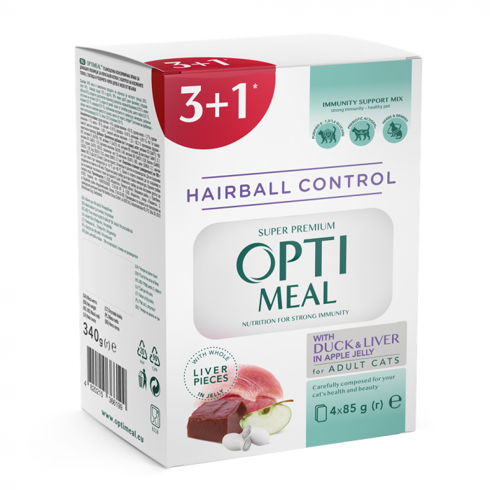 OPTIMEAL Hairball control, Set 3+1 Plicuri hrana umeda pentru pisici adulte, Eliminarea ghemotoacelor, Rata si ficat in jeleu de mere, 4x85g [1]