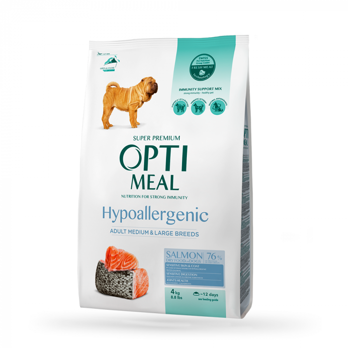 OPTIMEAL Hipoallergenyc, Hrana uscata caini adulti, Talie medie si mare, Somon, 4kg [1]
