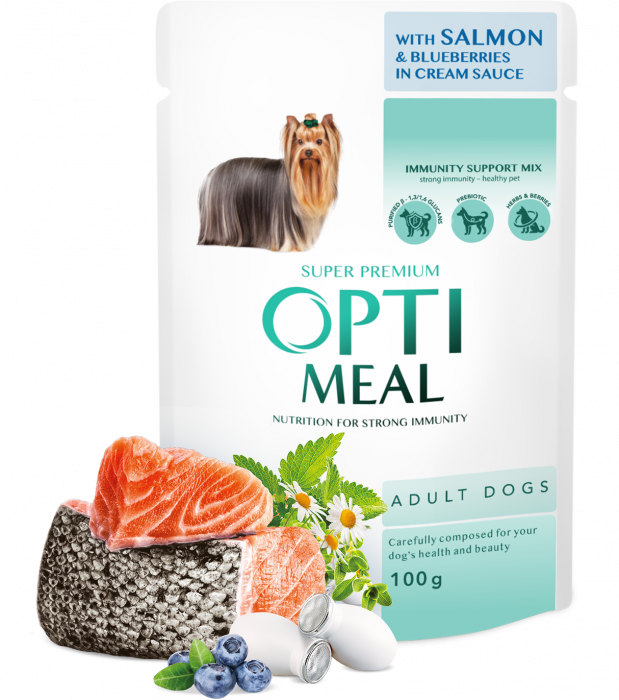 OPTIMEAL Plic hrana umeda caini adulti, Somon si afine in sos de smantana, Set 12x100g [1]