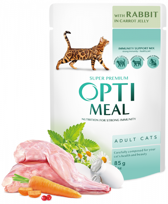 OPTIMEAL Plic hrana umeda pisici adulte, Iepure in jeleu de morcov, Set 12x85g [1]