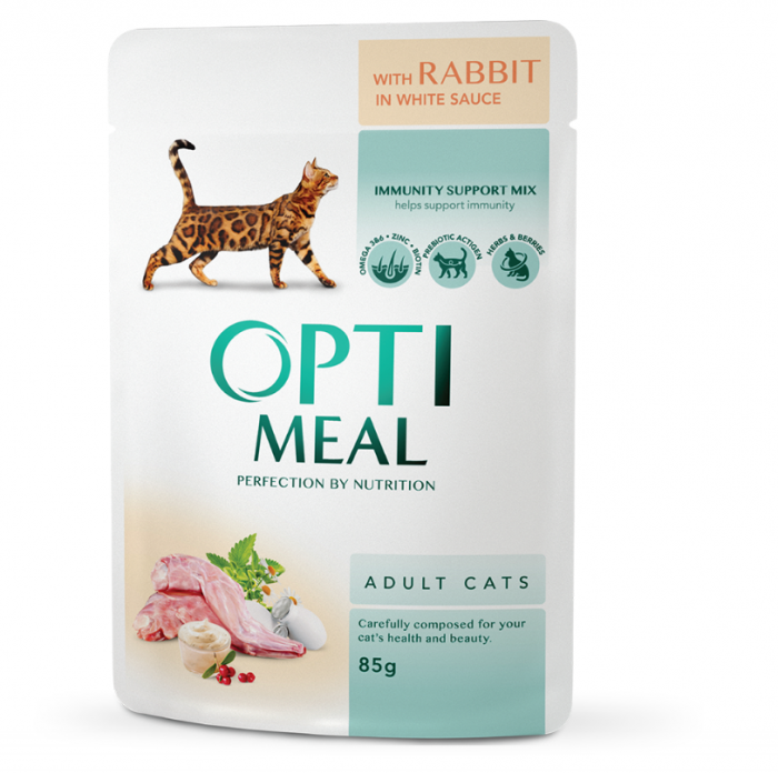 OPTIMEAL Plic hrana umeda pisici adulte, Iepure in sos alb, Set 12x85g [1]