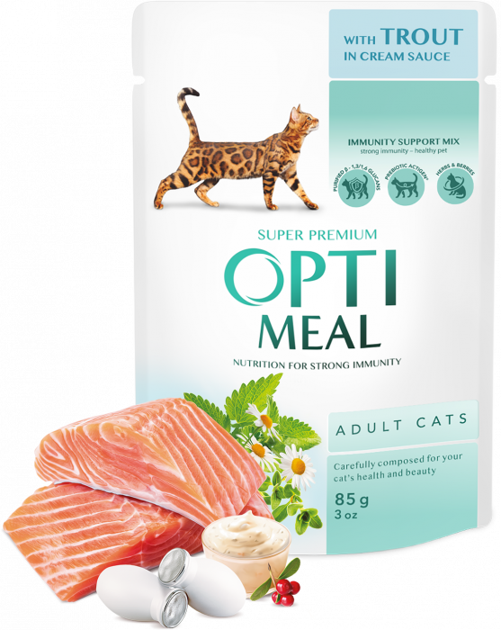 OPTIMEAL Plic hrana umeda pisici adulte, Pastrav in sos de smantana, Set 12x85g [4]