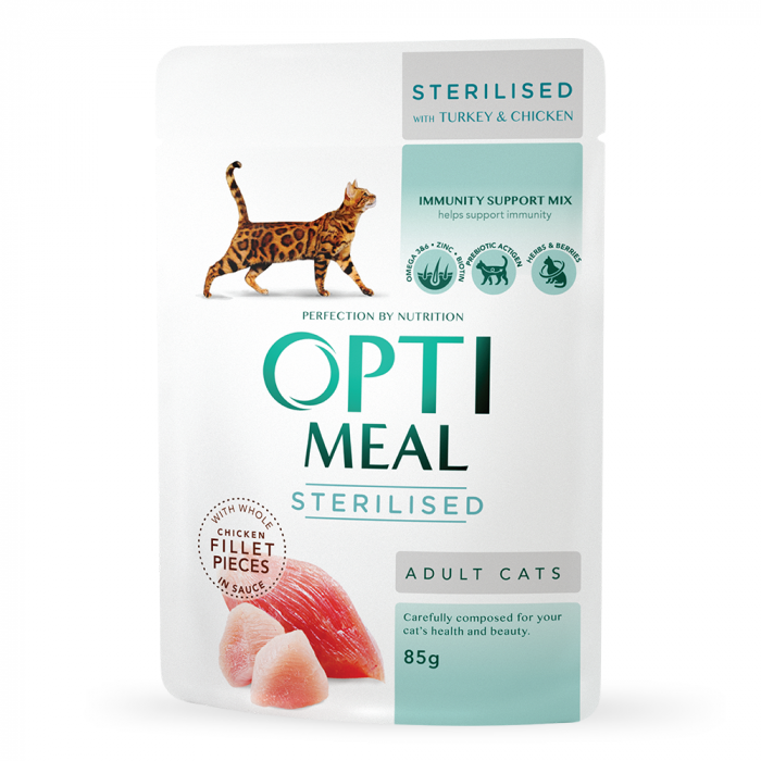 OPTIMEAL Plic hrana umeda pisici adulte sterilizate, Curcan si pui, Set 12x85g [1]