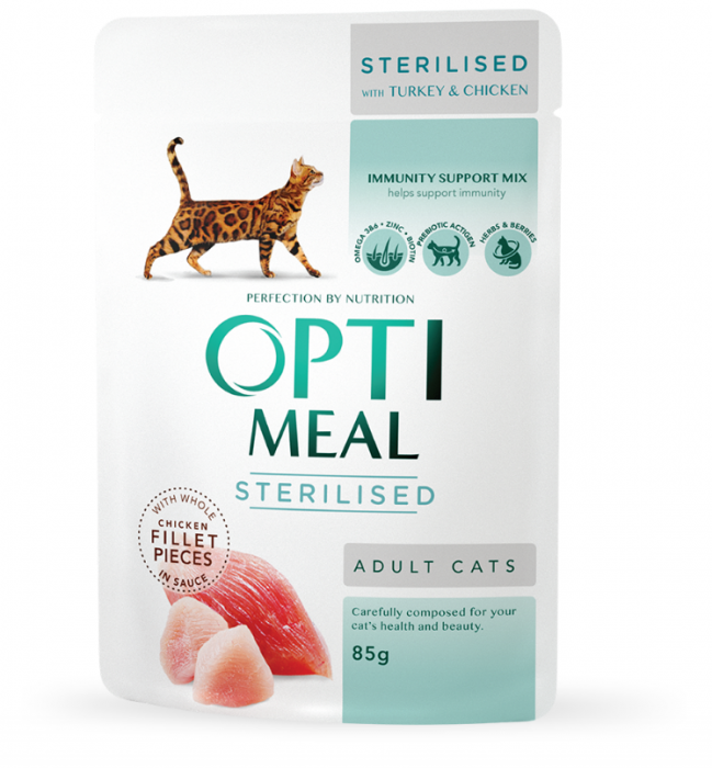 OPTIMEAL Plic hrana umeda pisici adulte sterilizate, Curcan si pui, Set 12x85g [1]