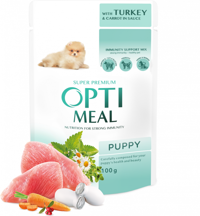 OPTIMEAL Puppy, Plic hrana umeda catei juniori, Curcan si morcov in sos, Set 12x100g [1]
