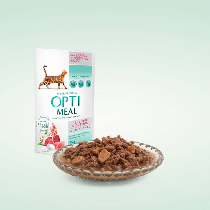 OPTIMEAL Sensitive, Plic hrana umeda pisici adulte cu digestie sensibila, Miel si curcan in sos, Set 12x85g [2]
