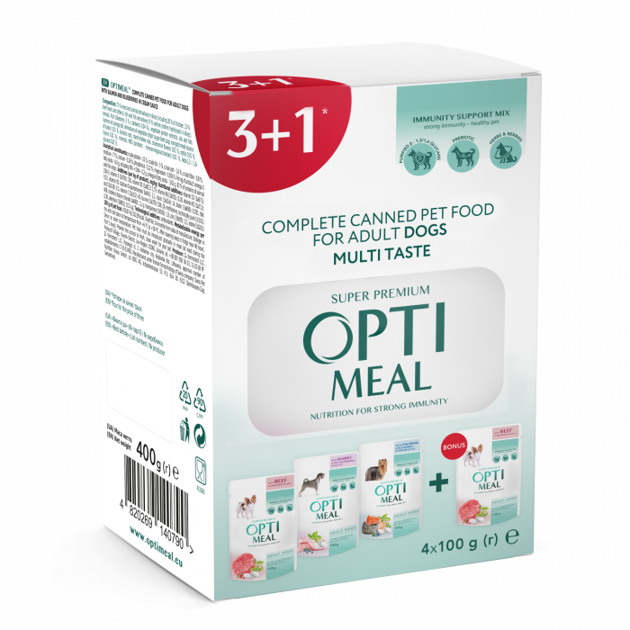 OPTIMEAL Set 3+1 Plicuri hrana umeda pentru caini adulti, MIX, 4x100g [1]