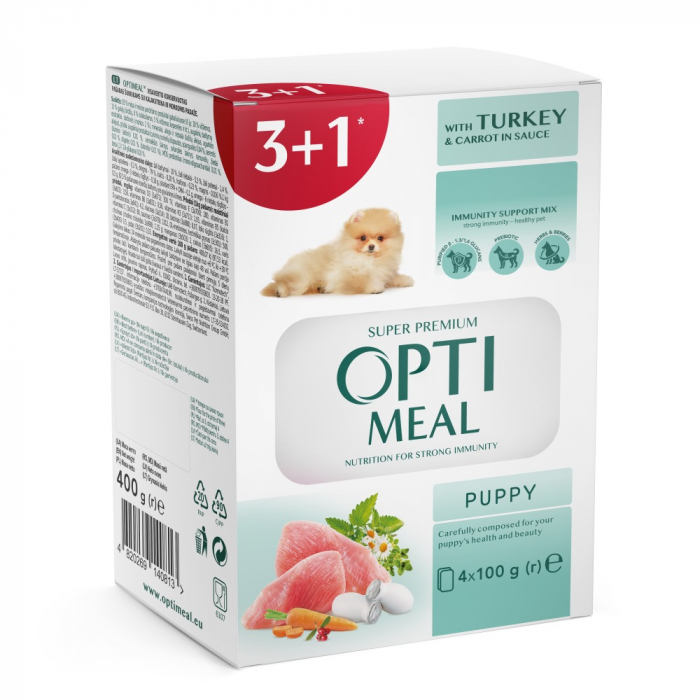 OPTIMEAL Set 3+1 Plicuri hrana umeda pentru catei juniori, Curcan si morcov in sos, 4x100g [1]
