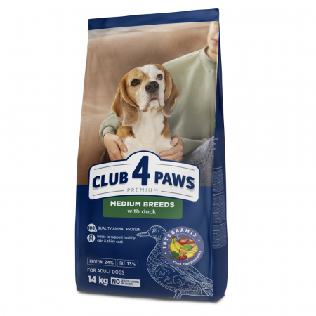 Caini - CLUB4PAWS Hrana uscata caini adulti, Talie medie, Rata, 14kg