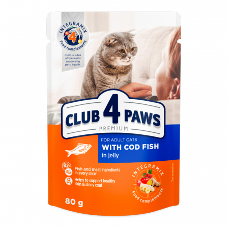 CLUB 4 PAWS Plic hrana umeda pisici adulte, Cod in jeleu, 80g [0]