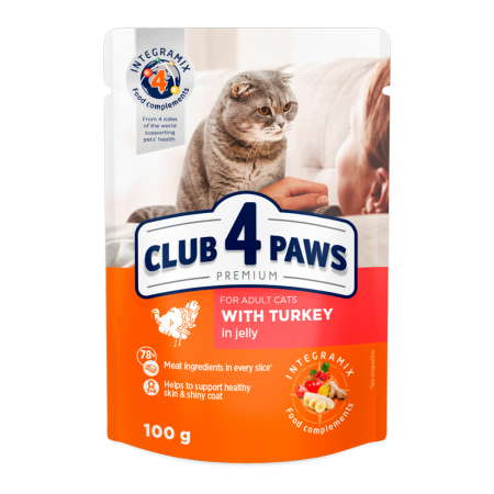 CLUB 4 PAWS Plic hrana umeda pisici adulte, Curcan in jeleu, Set 24x100g [0]
