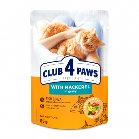 Pisici - CLUB4PAWS Plic hrana umeda pisici adulte, Macrou in sos, Set 24x85g