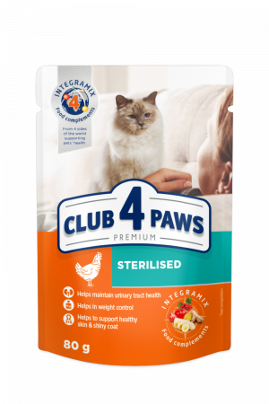Hrana umeda - CLUB4PAWS Plic hrana umeda pisici adulte sterilizate, Pui in jeleu, Set 24x80g