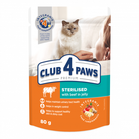 Hrana umeda - CLUB4PAWS Plic hrana umeda pisici adulte sterilizate, Vita in jeleu,  Set 24x80g