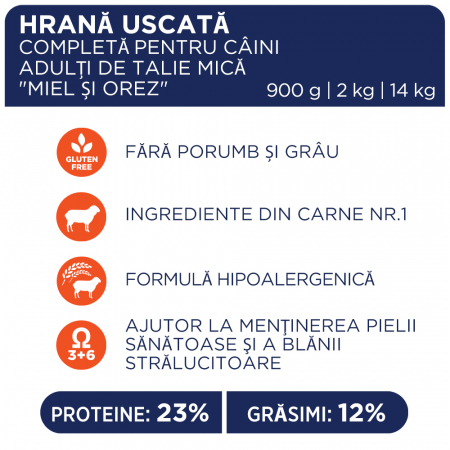 CLUB4PAWS Hrana uscata caini adulti de talie mica, Miel si Orez, 900g [2]