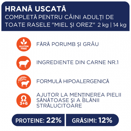 CLUB4PAWS Hypoallergenic, Hrana uscata caini adulti, Miel si Orez, 2kg [2]