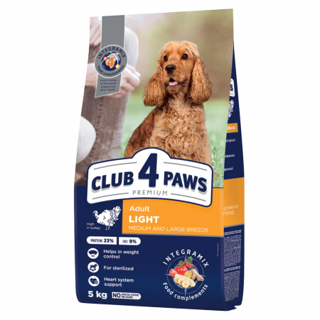 Hrana uscata - CLUB4PAWS Light, Hrana uscata caini adulti, Controlul greutatii, Talie medie si mare, Curcan, 5kg