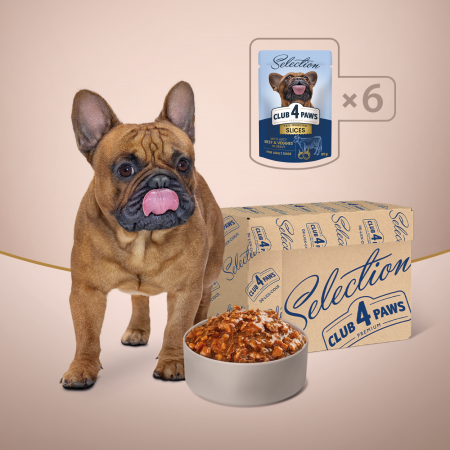 CLUB 4 PAWS Selection, Plic hrana umeda caini adulti, Talie mica, Bucati somon si macrou in sos, Set 12x85g [1]