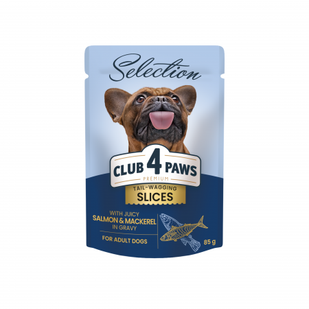 CLUB 4 PAWS Selection, Plic hrana umeda caini adulti, Talie mica, Bucati somon si macrou in sos, Set 12x85g [0]