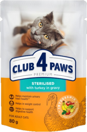 Hrana umeda - CLUB4PAWS Plic hrana umeda pisici adulte sterilizate, Curcan in sos, Set 24x80g