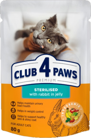 Plic - CLUB4PAWS Plic hrana umeda pisici adulte sterilizate, Iepure in jeleu, Set 24x80g