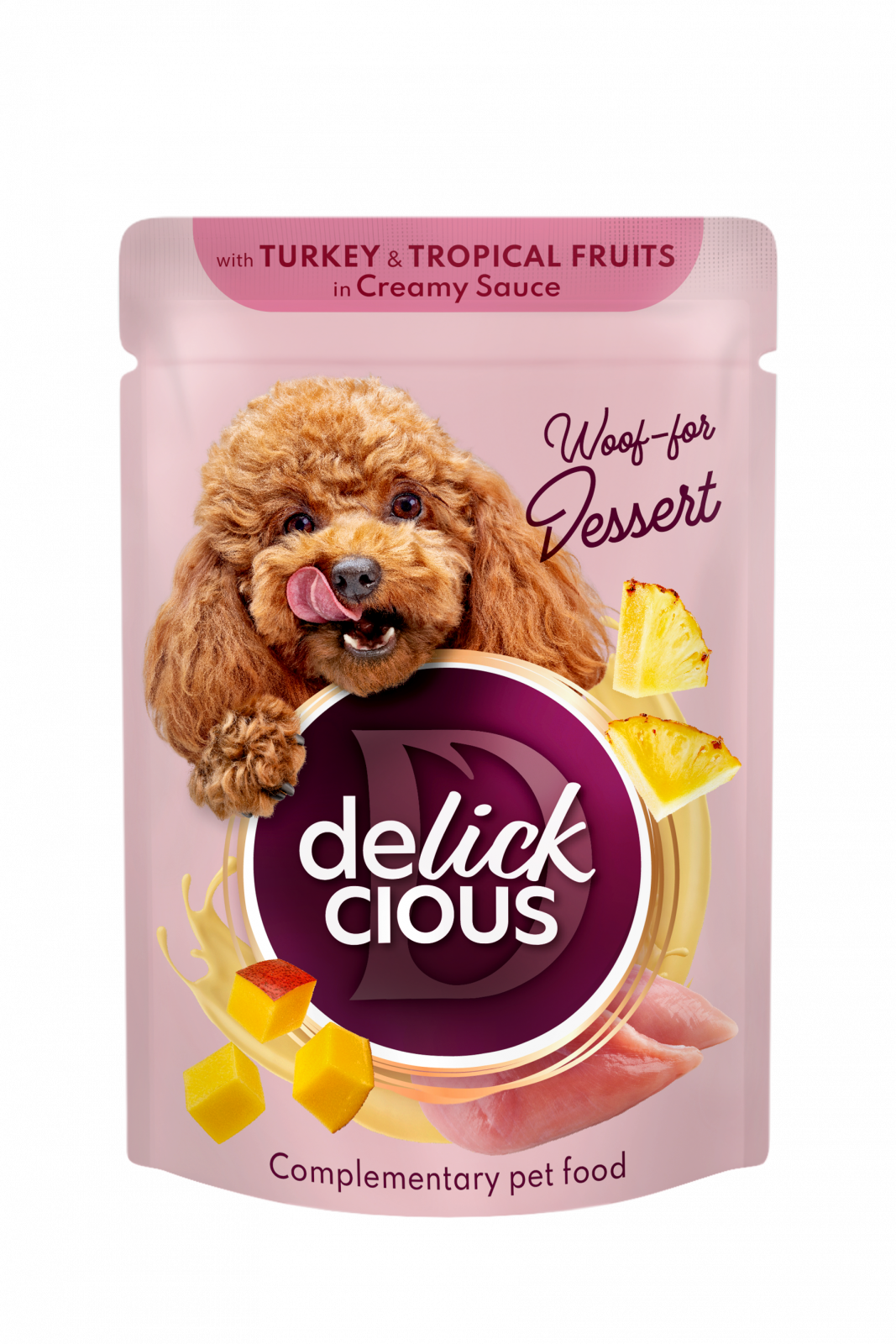 Hrana umeda - DELICKCIOUS Plic caini Desert Curcan si fructe tropicale in sos cremos. Set 12x80g
